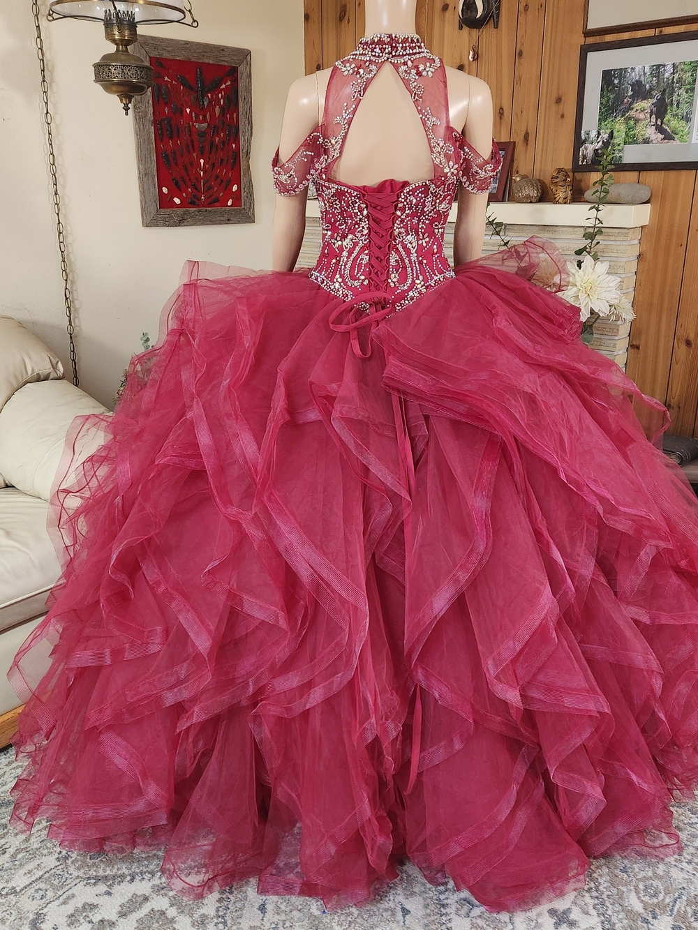 Leonia Lee Burgundy Beaded Ball Gown - Size S - Picture 3 of 9